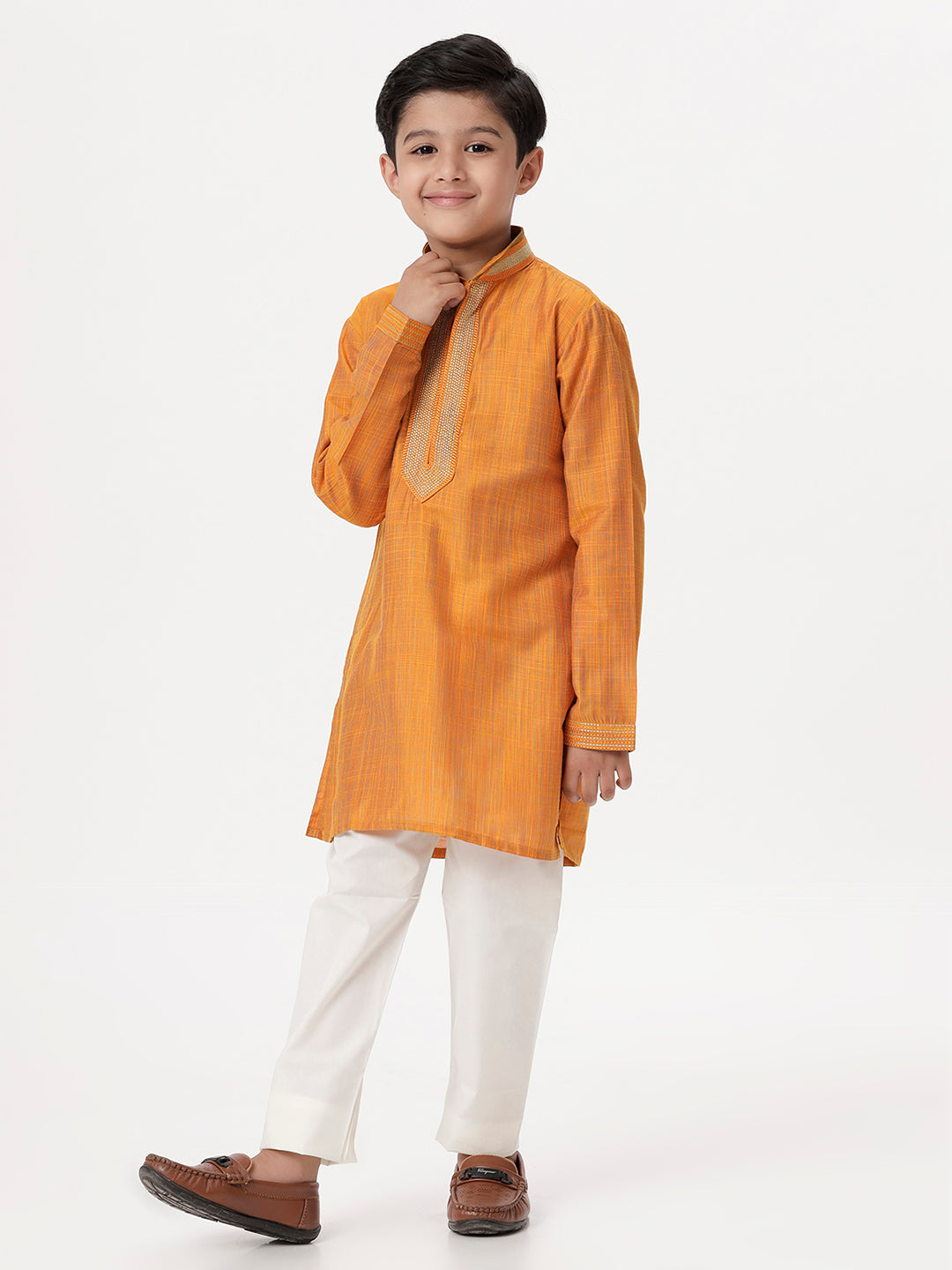 Boys Cotton Embellished Neckline Full Sleeves Orange Kurta with Pyjama Pant Combo EMD3-Side view