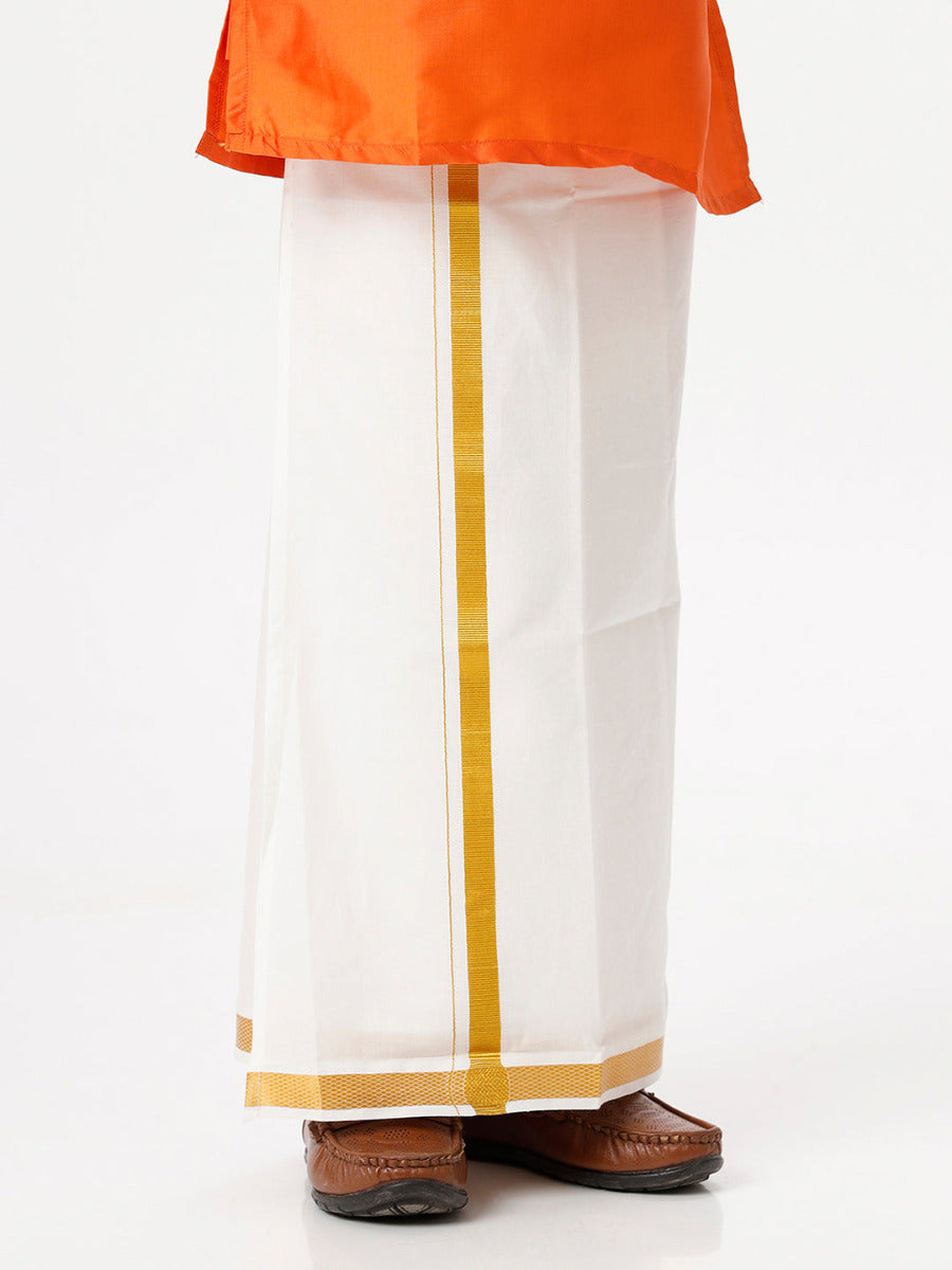 Boys Silk Cotton Full Sleeves Orange Kurta with Gold Jari Dhoti Combo-Bottom view