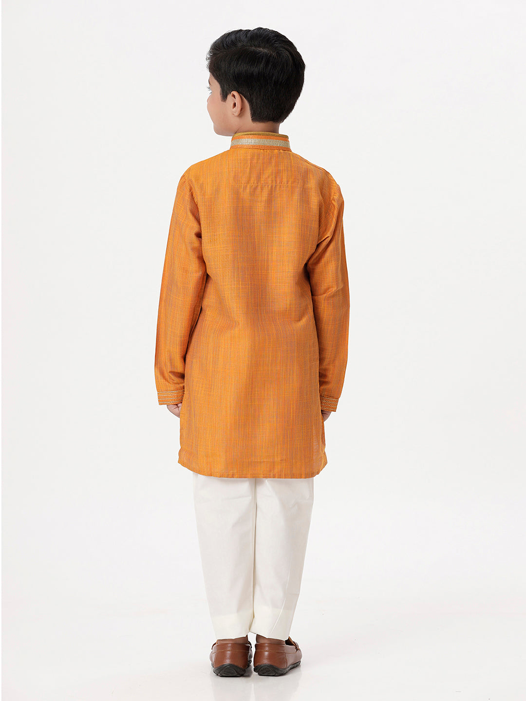 Boys Cotton Embellished Neckline Full Sleeves Orange Kurta with Pyjama Pant Combo EMD3-Back view