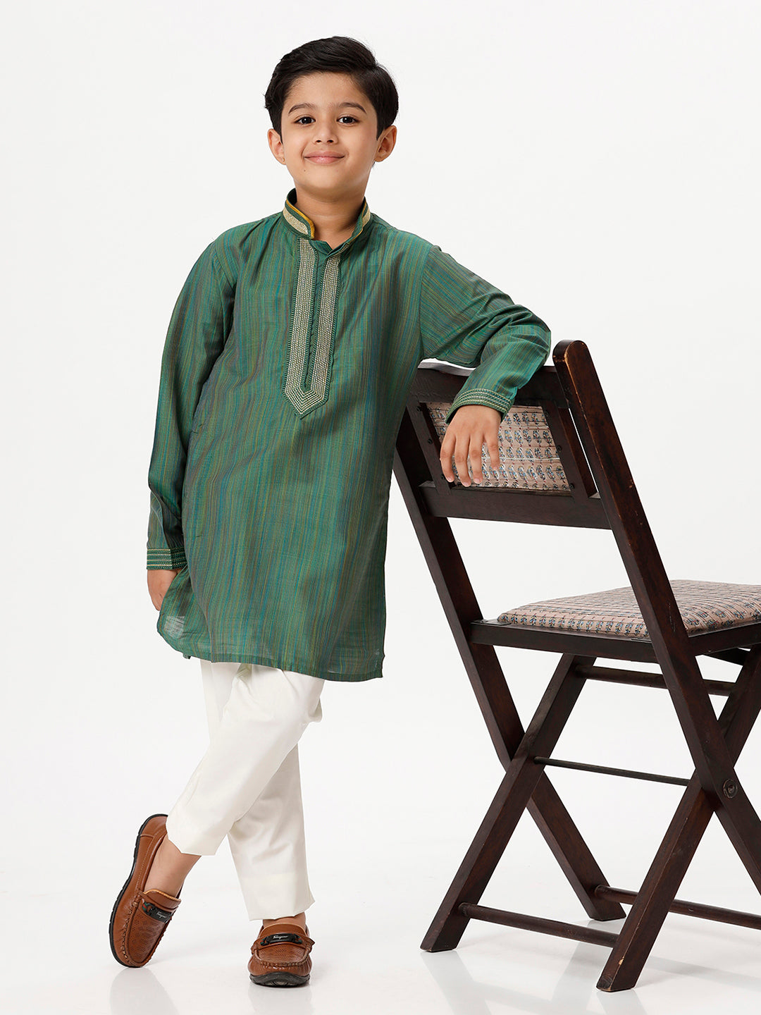 Boys Cotton Embellished Neckline Full Sleeves Dark Green Kurta with Pyjama Pant Combo EMD7-Full view