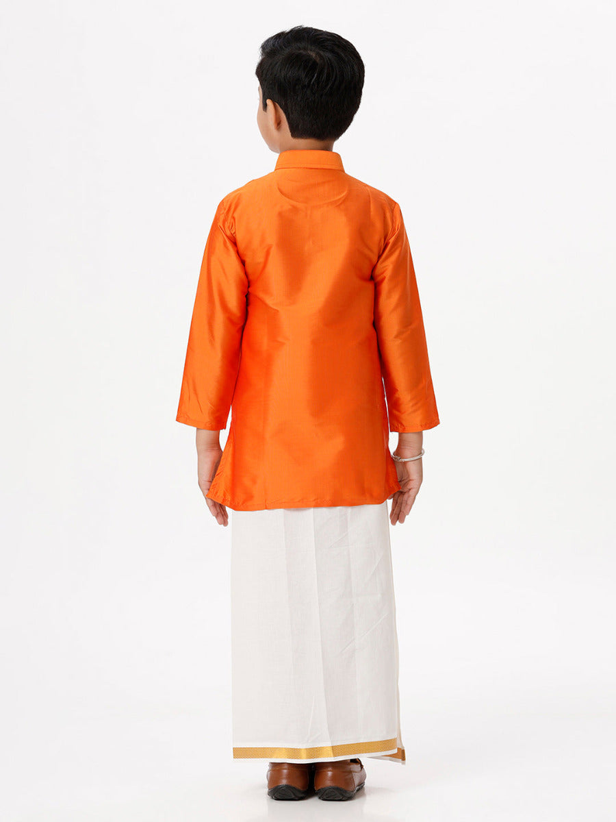 Boys Silk Cotton Full Sleeves Orange Kurta with Gold Jari Dhoti Combo-Back view