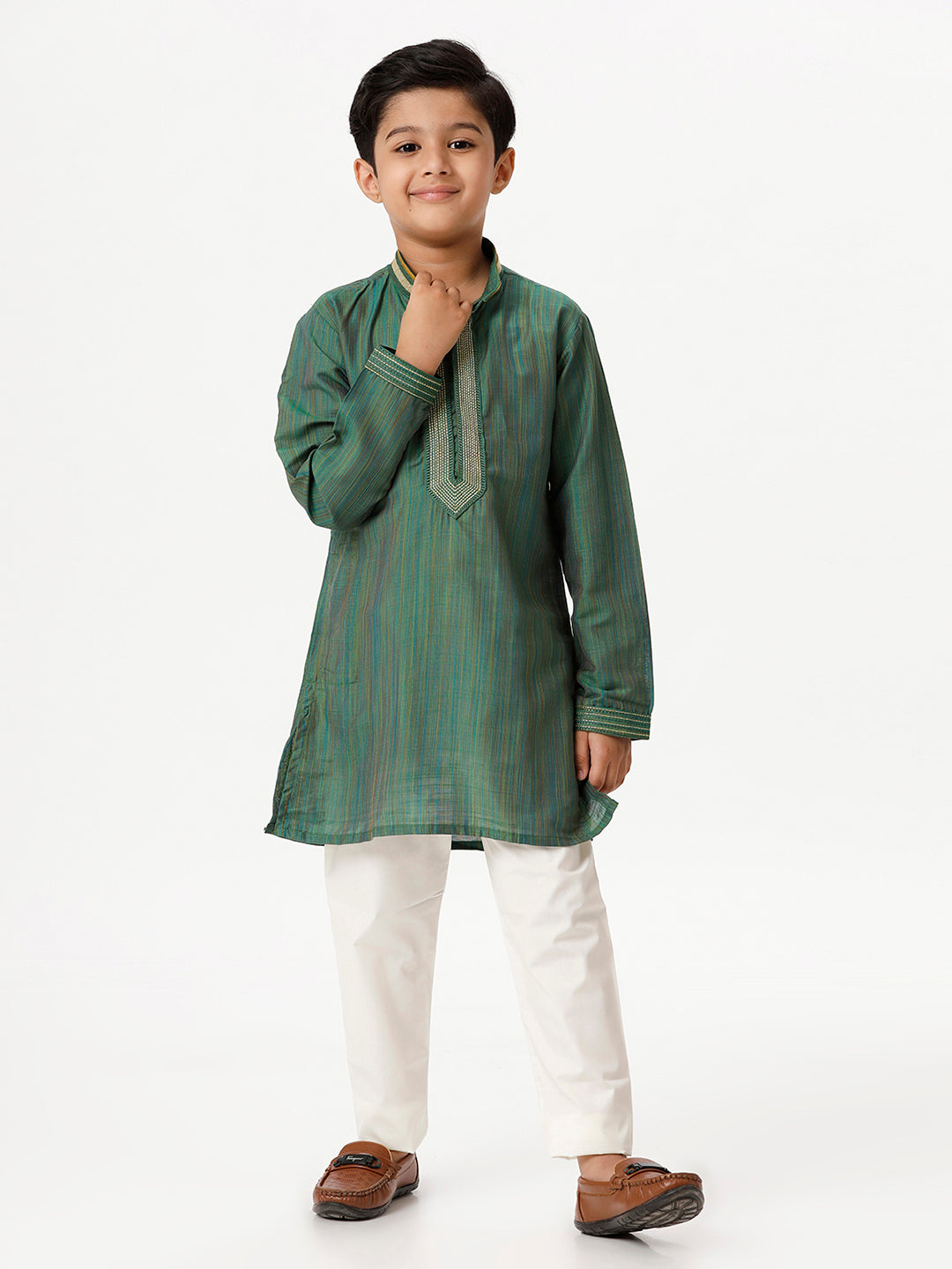 Boys Cotton Embellished Neckline Full Sleeves Dark Green Kurta with Pyjama Pant Combo EMD7