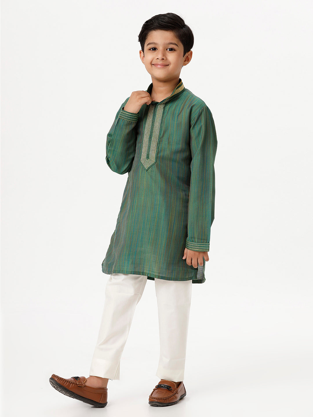 Boys Cotton Embellished Neckline Full Sleeves Dark Green Kurta with Pyjama Pant Combo EMD7-Side view