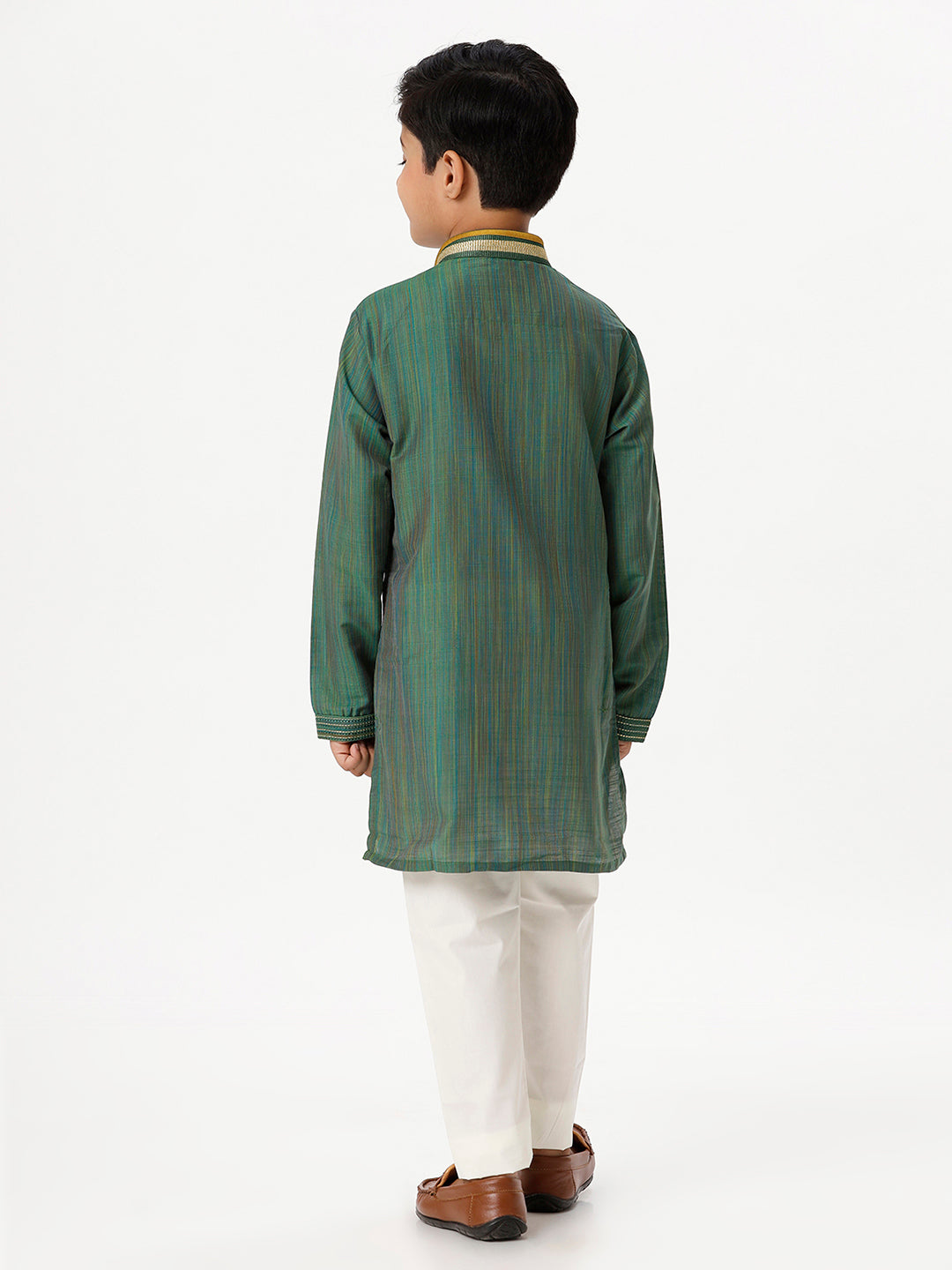 Boys Cotton Embellished Neckline Full Sleeves Dark Green Kurta with Pyjama Pant Combo EMD7-Back view