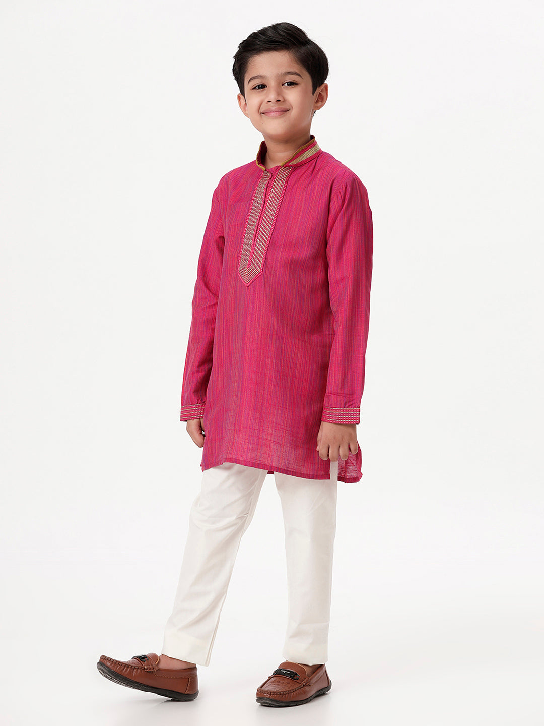Boys Cotton Embellished Neckline Full Sleeves Dark Pink Kurta with Pyjama Pant Combo EMD1-Side view