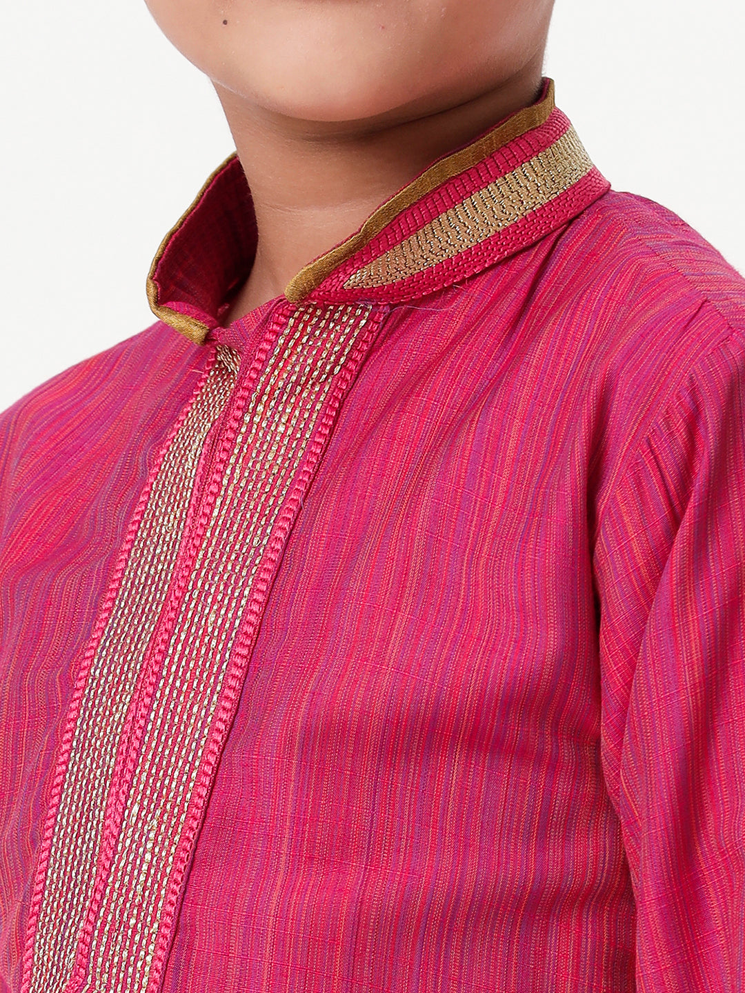 Boys Cotton Embellished Neckline Full Sleeves Dark Pink Kurta with Pyjama Pant Combo EMD1-Zoom view