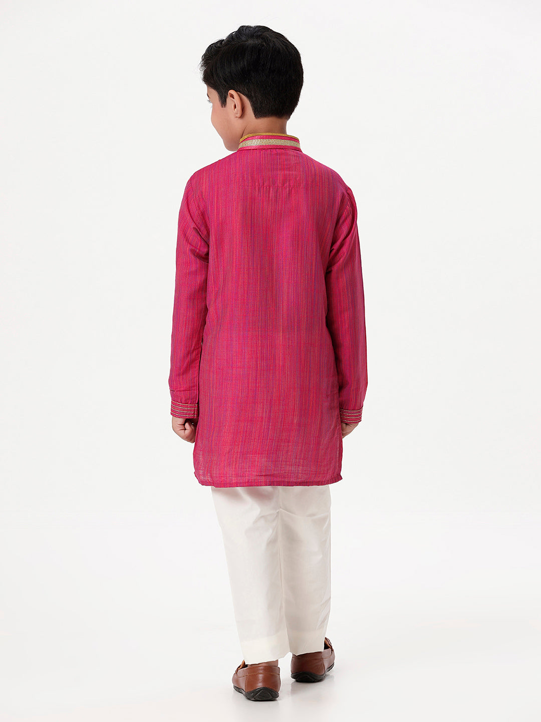 Boys Cotton Embellished Neckline Full Sleeves Dark Pink Kurta with Pyjama Pant Combo EMD1-Back view
