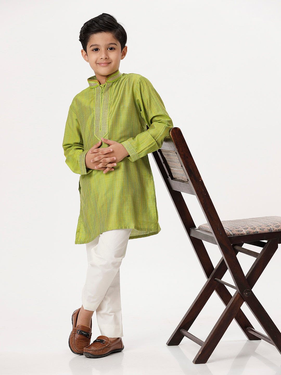 Boys Cotton Embellished Neckline Full Sleeves Parrot Green Kurta with Pyjama Pant Combo EMD5-Full view