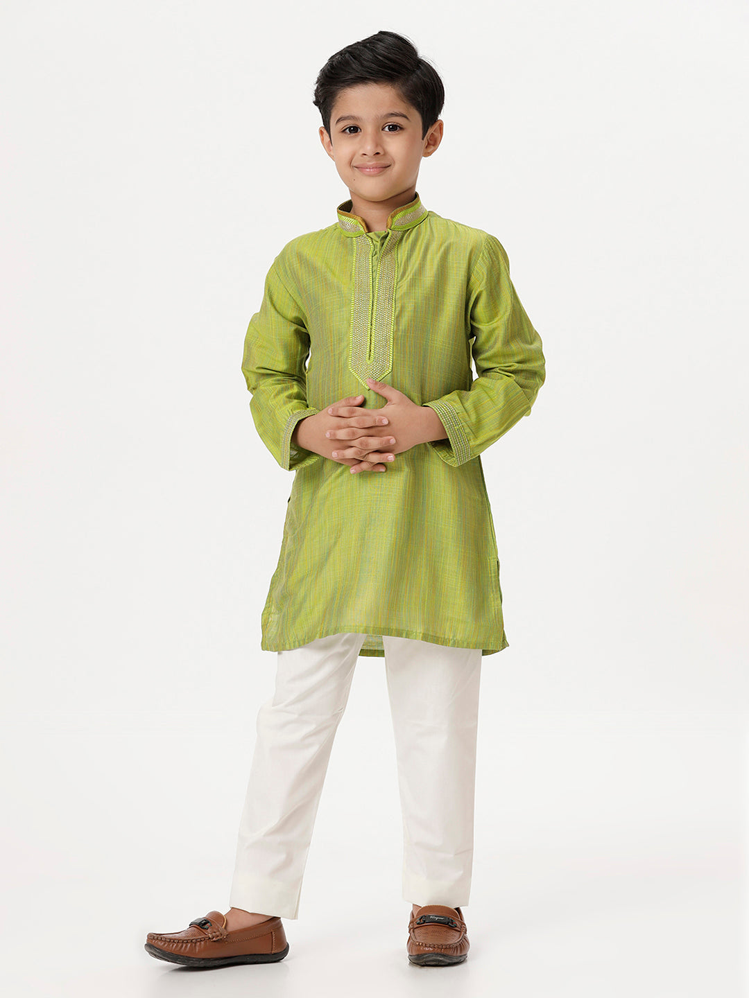 Boys Cotton Embellished Neckline Full Sleeves Parrot Green Kurta with Pyjama Pant Combo EMD5