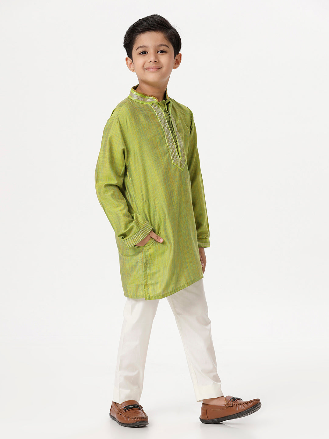 Boys Cotton Embellished Neckline Full Sleeves Parrot Green Kurta with Pyjama Pant Combo EMD5-Side view