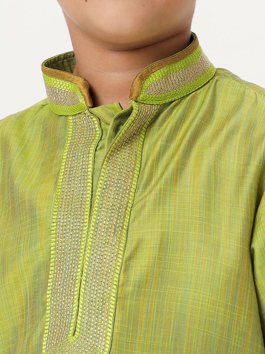 Boys Cotton Embellished Neckline Full Sleeves Parrot Green Kurta with Pyjama Pant Combo EMD5-Zoom view