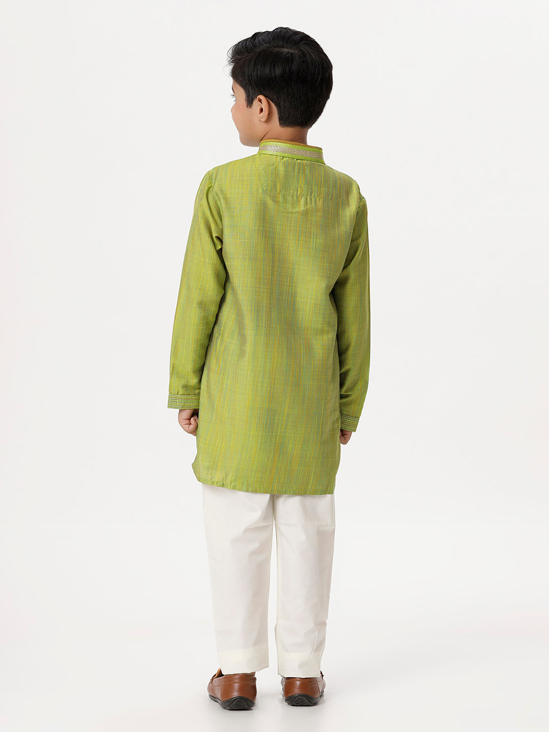 Boys Cotton Embellished Neckline Full Sleeves Parrot Green Kurta with Pyjama Pant Combo EMD5-Back view