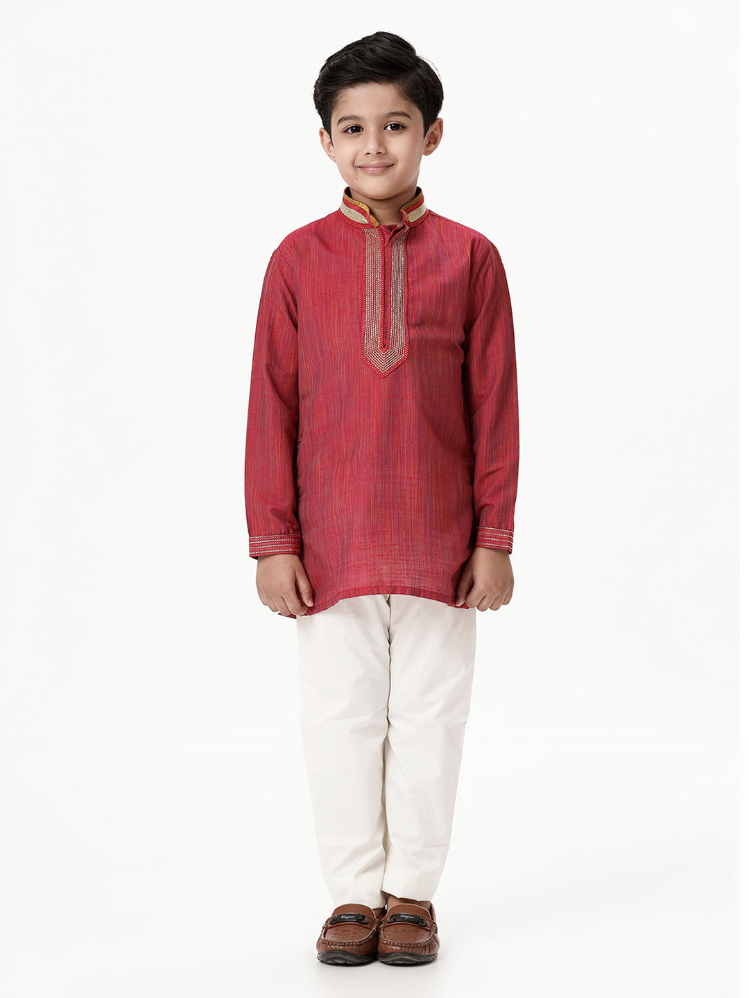 Boys Cotton Embellished Neckline Full Sleeves Red Kurta with Pyjama Pant Combo EMD4