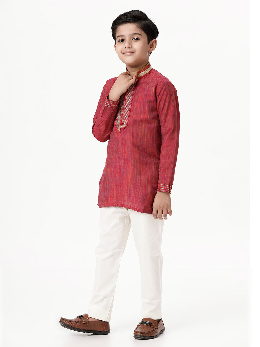 Boys Cotton Embellished Neckline Full Sleeves Red Kurta with Pyjama Pant Combo EMD4-Side view