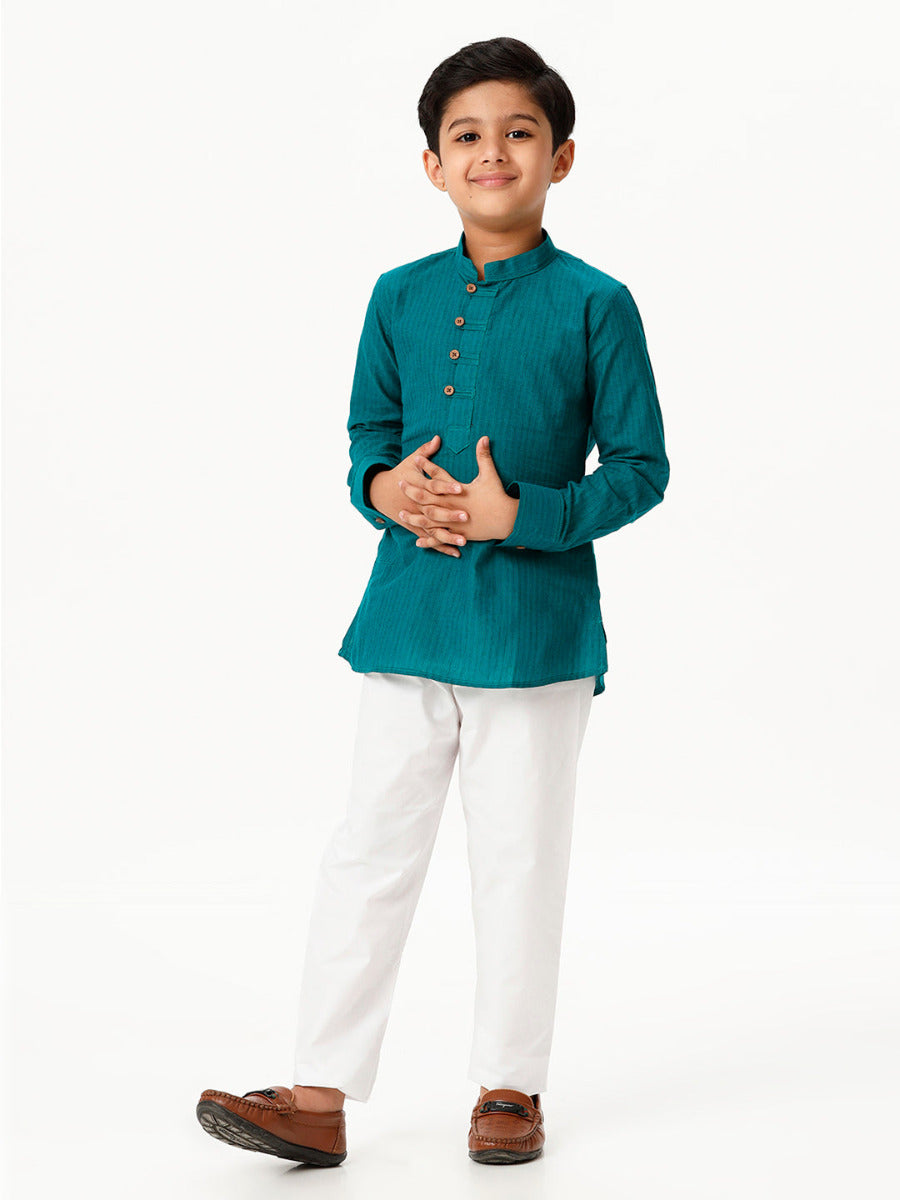 Boys Breeze Cotton Full Sleeves Peacock Green Kurta with Pyjama Pant Combo-Front view one