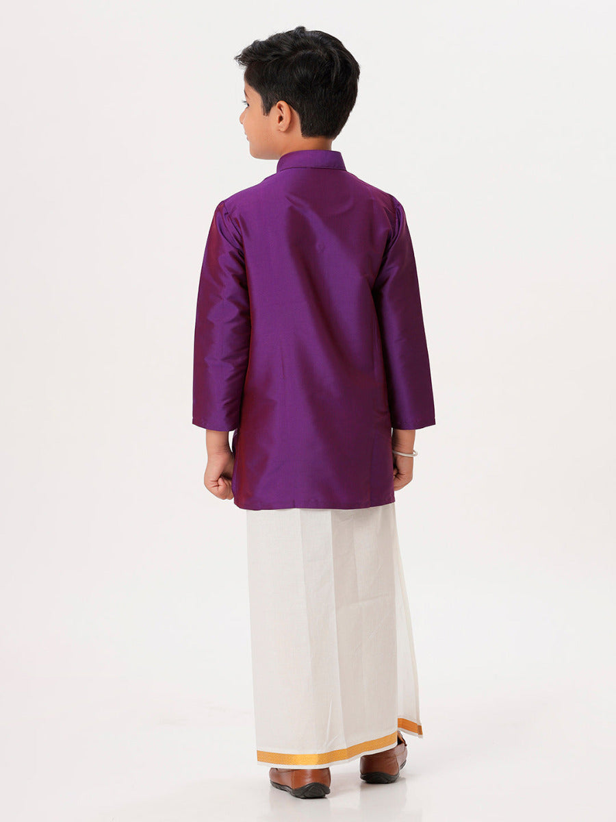 Boys Silk Cotton Full Sleeves Violet Kurta with Gold Jari Dhoti Combo-Back view