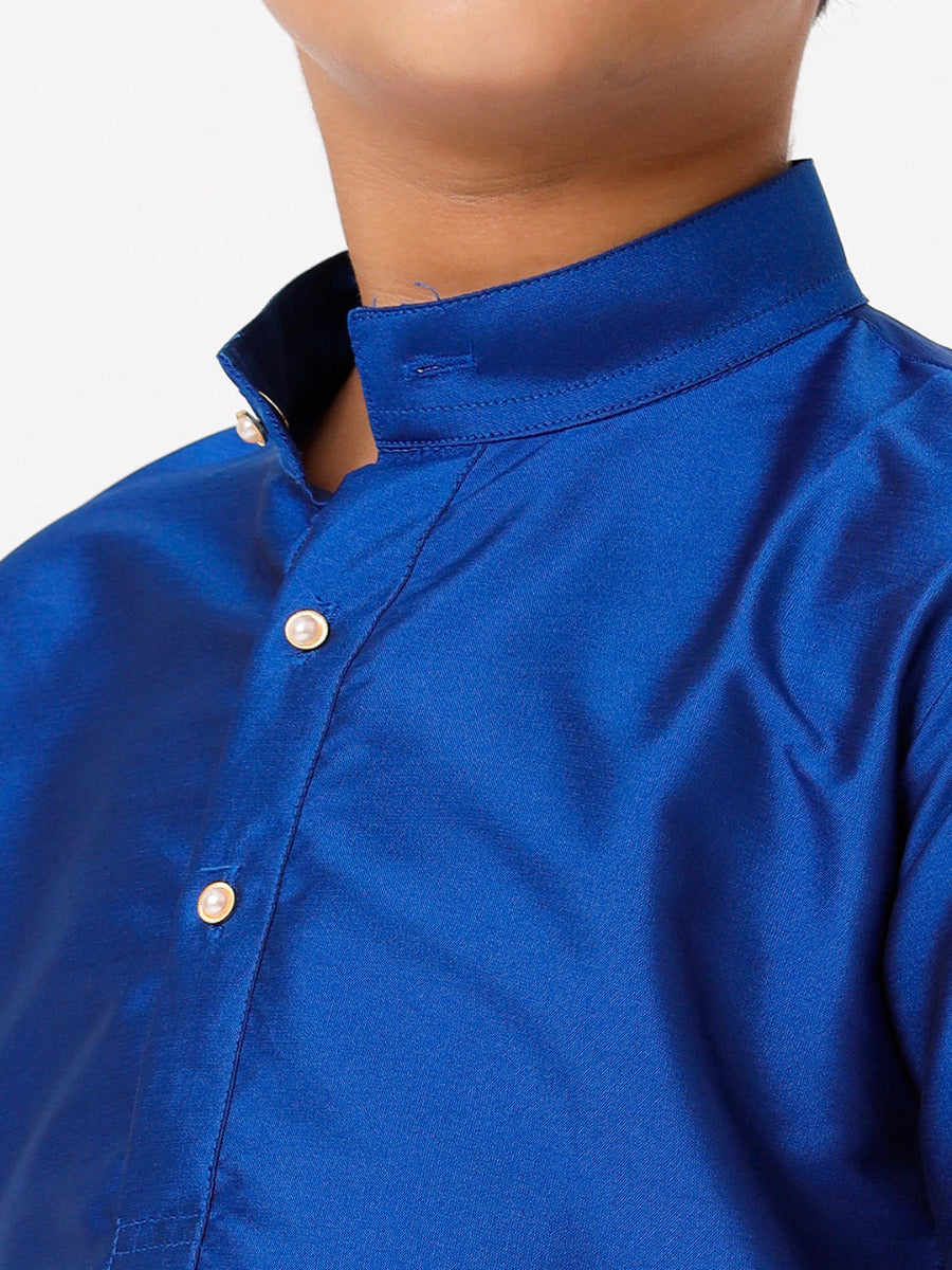 Boys Silk Cotton Full Sleeves Royal Blue Kurta with Panchakacham Combo-Zoom view