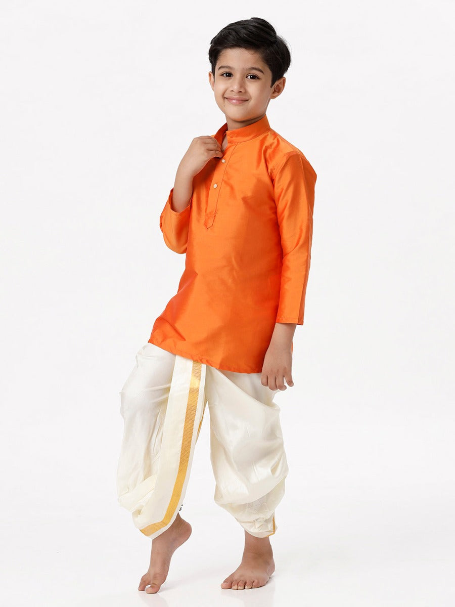 Boys Silk Cotton Full Sleeves Orange Kurta with Panchakacham Combo-Front view