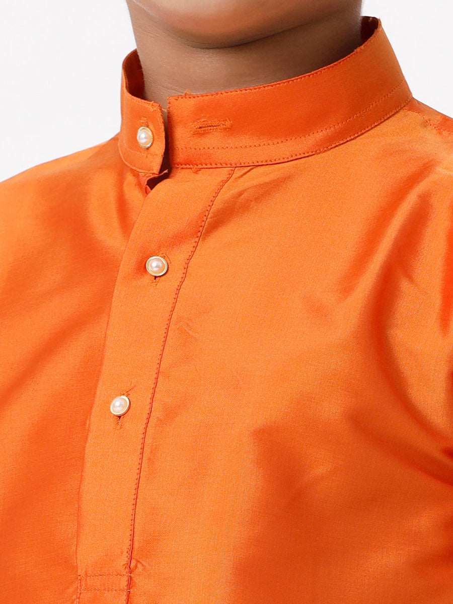 Boys Silk Cotton Full Sleeves Orange Kurta with Panchakacham Combo-Zoom view