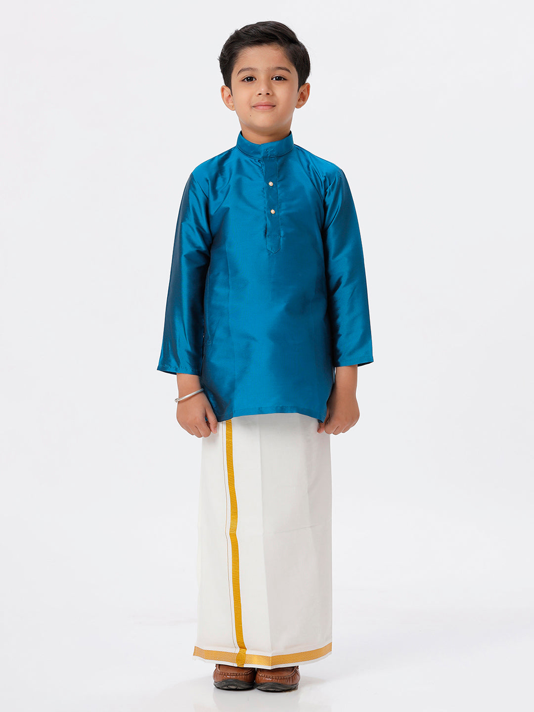 Boys Silk Cotton Full Sleeves Ramar Blue  Kurta with Gold Jari Dhoti Combo