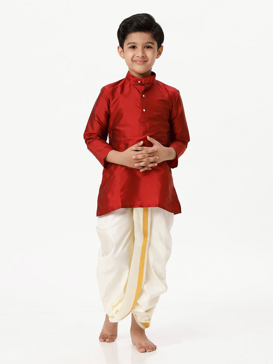 Boys Silk Cotton Full Sleeves Red Kurta with Panchakacham Combo