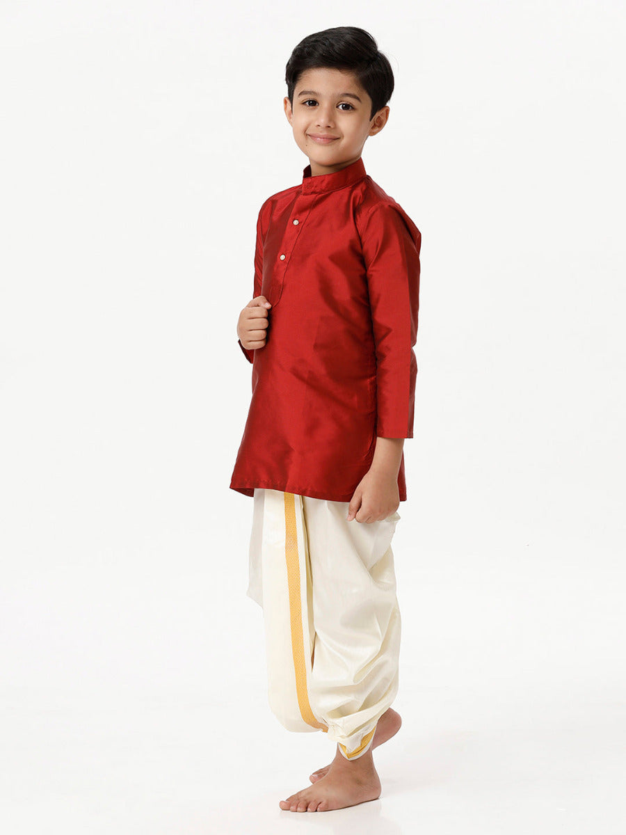 Boys Silk Cotton Full Sleeves Red Kurta with Panchakacham Combo-Side view