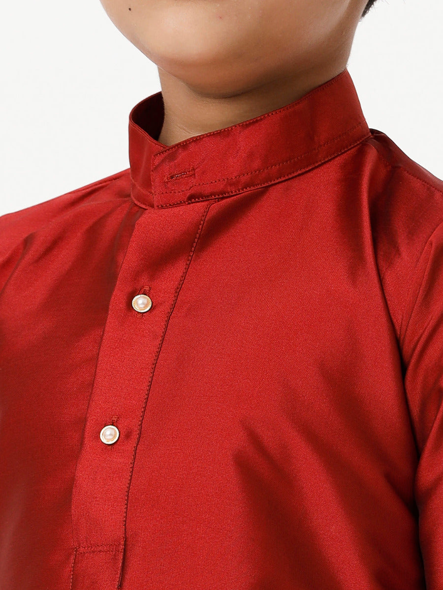 Boys Silk Cotton Full Sleeves Red Kurta with Panchakacham Combo-Zoom view