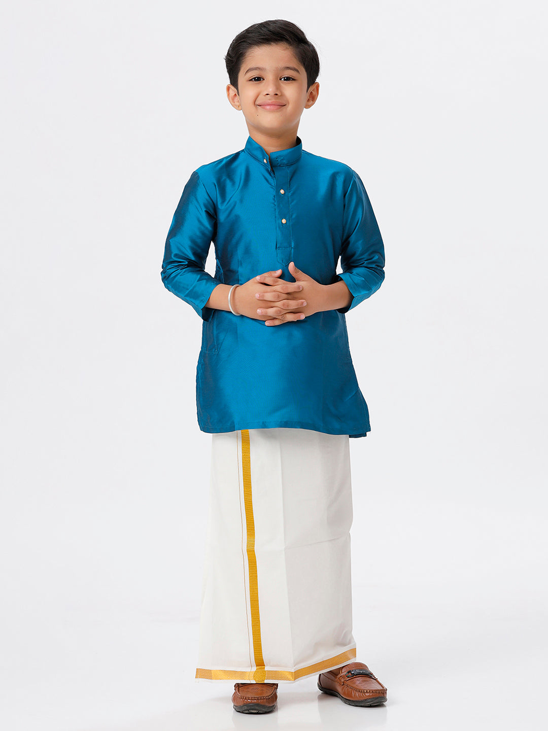 Boys Silk Cotton Full Sleeves Ramar Blue  Kurta with Gold Jari Dhoti Combo