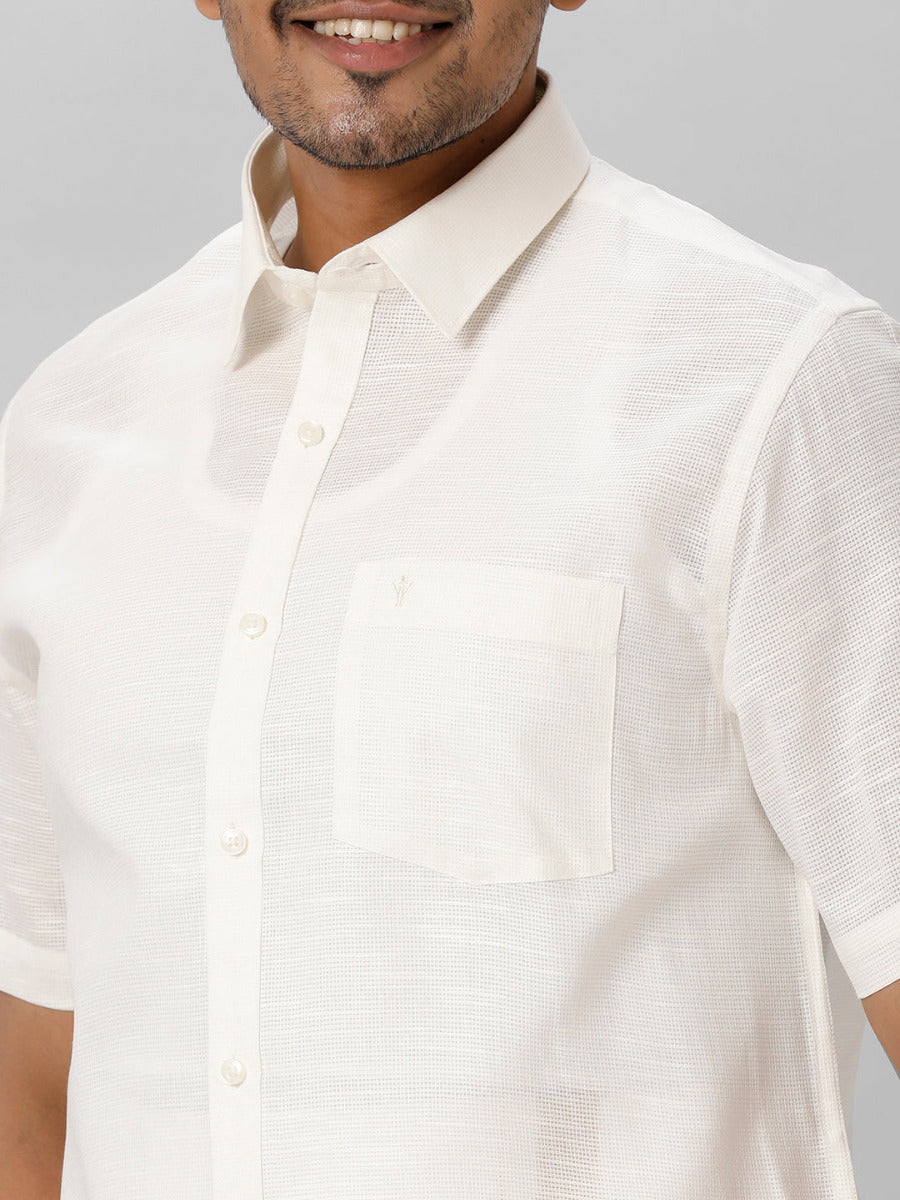 Mens Formal Small Checked Off White Half Sleeves Cotton Shirt  T13 CL2-Zoom view
