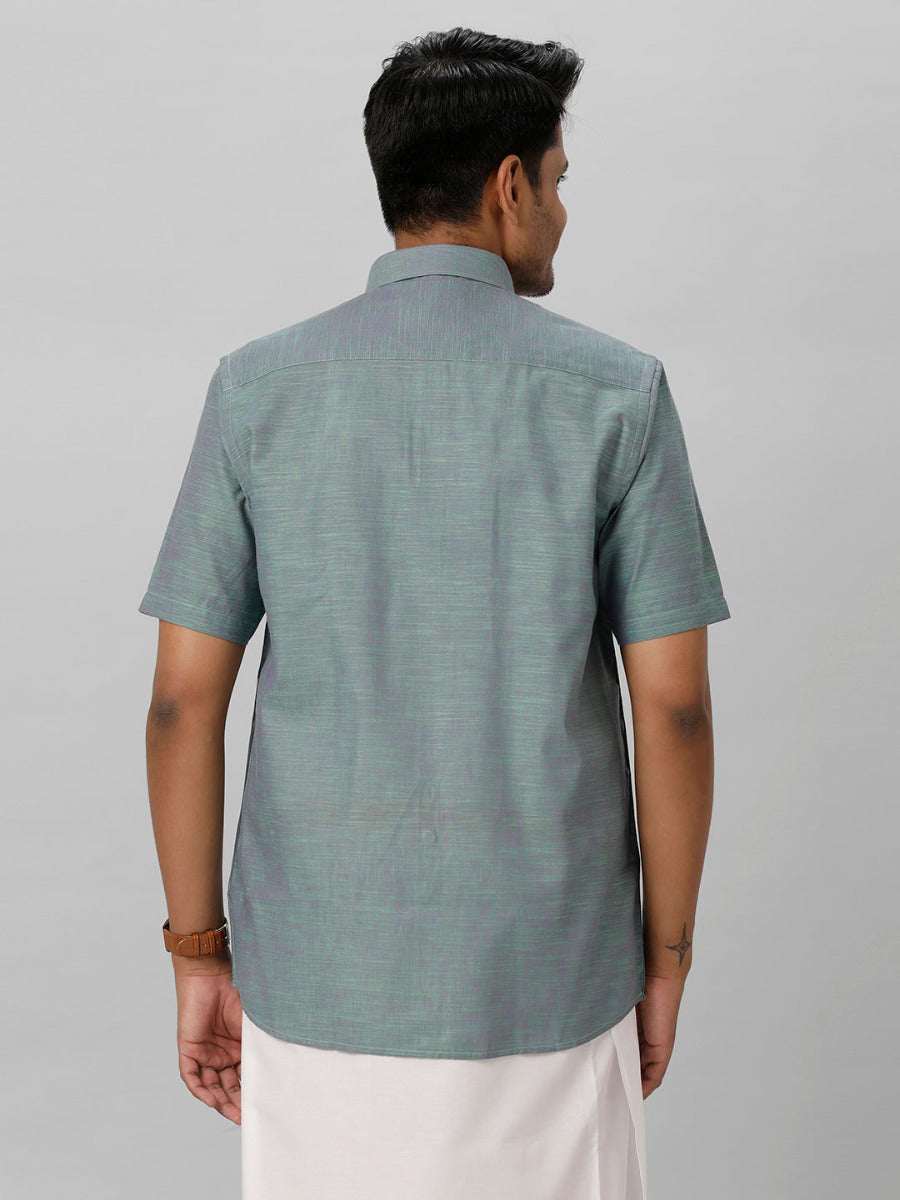 Mens Cotton Formal Greenish Blue Half Sleeves Shirt T28 TD4-Back view