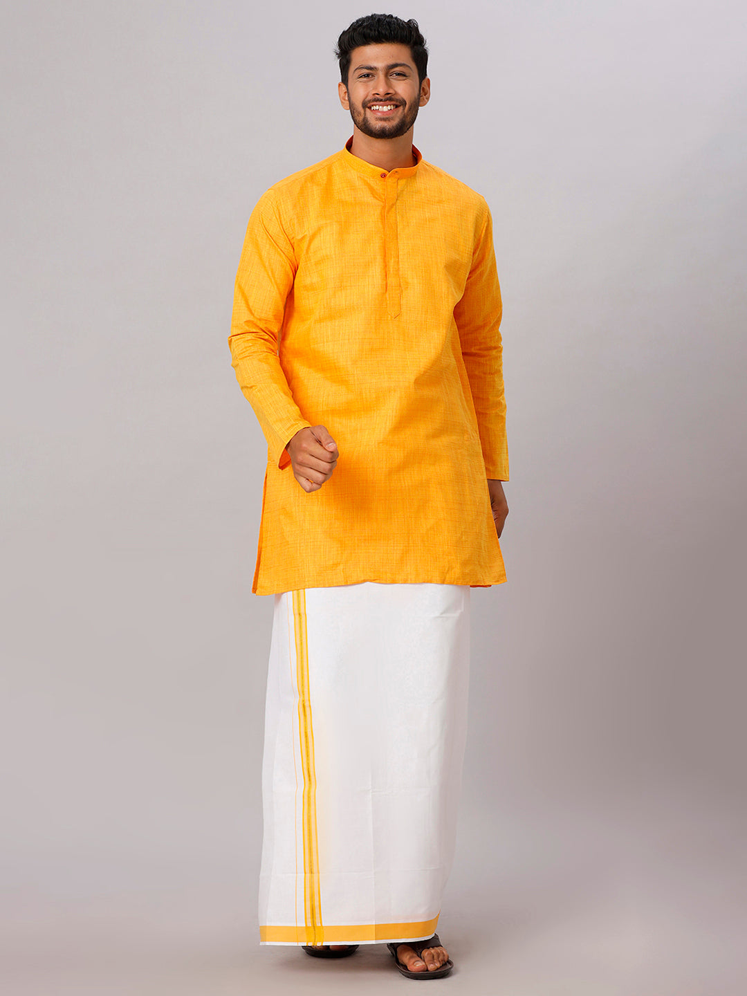 Mens Cotton Yellow Medium Length Matching Kurta with Dhoti Combo FS1