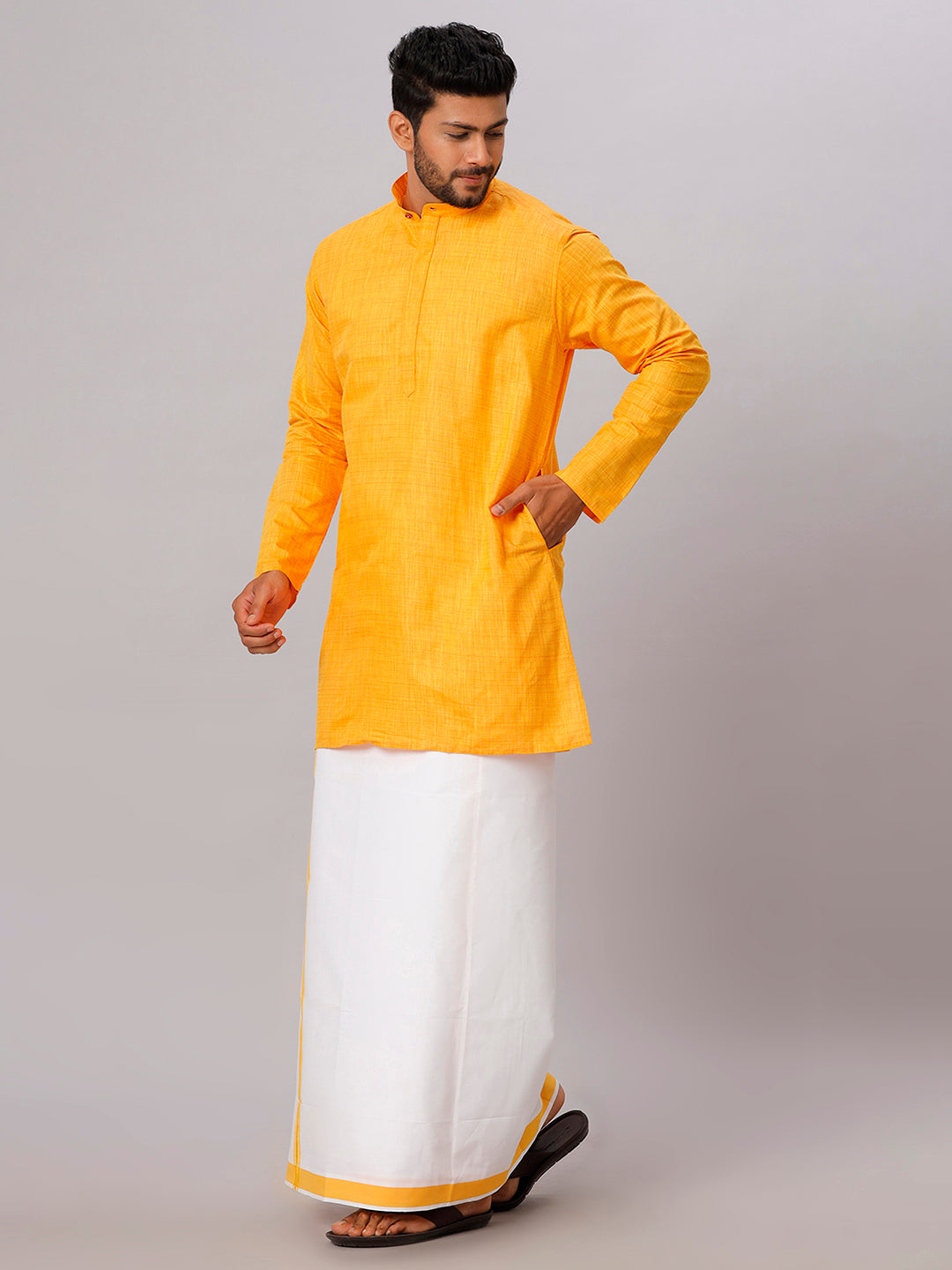 Mens Cotton Yellow Medium Length Matching Kurta with Dhoti Combo FS1-Full view