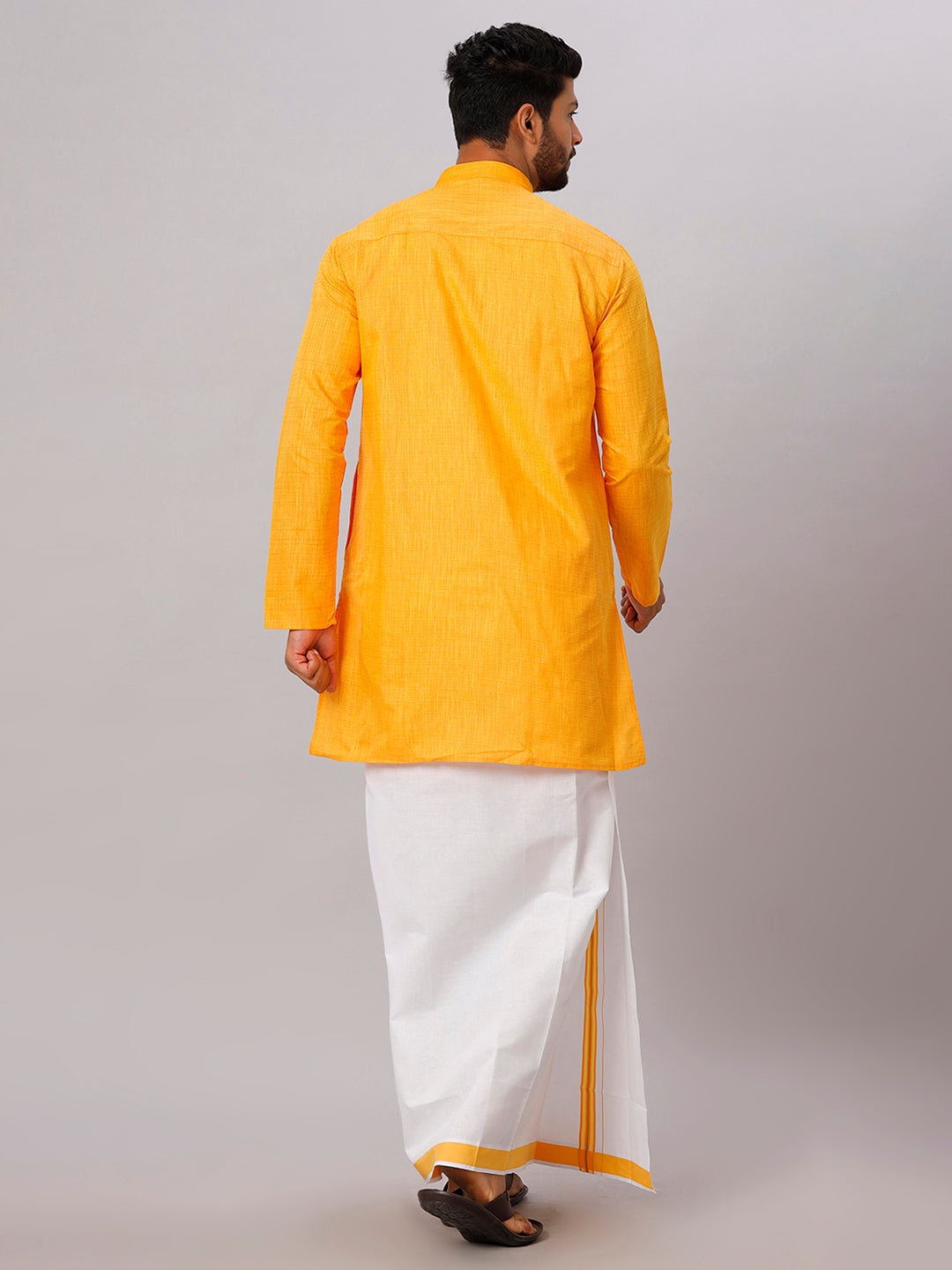 Mens Cotton Yellow Medium Length Matching Kurta with Dhoti Combo FS1-Back view