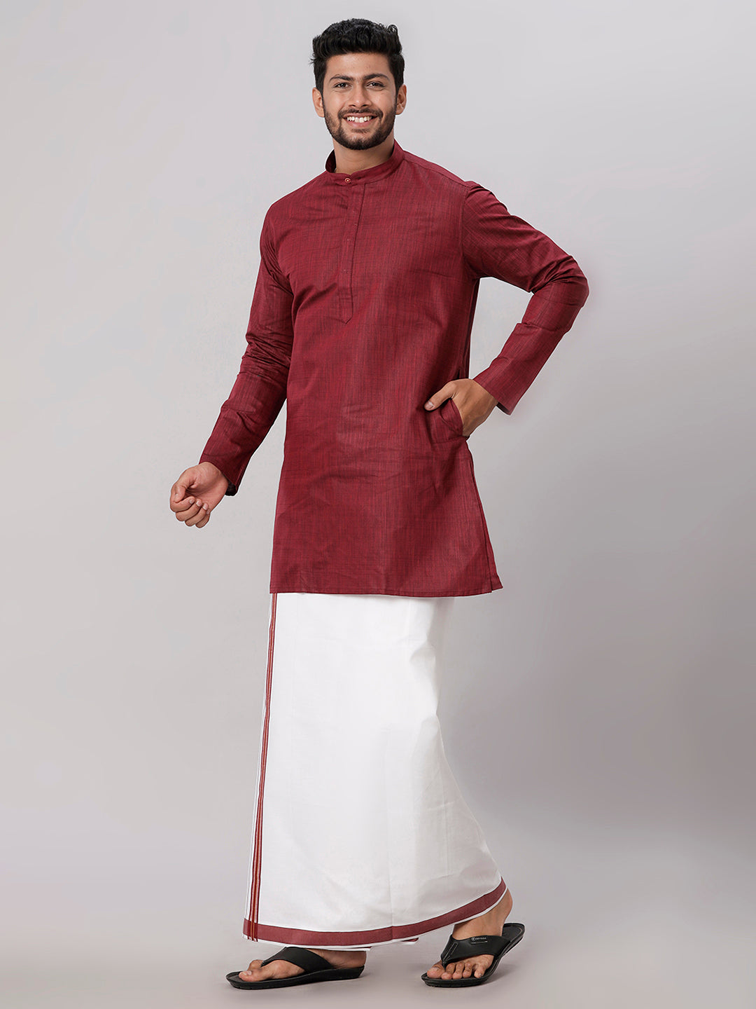 Mens Cotton Maroon Medium Length Matching Kurta with Dhoti Combo FS7-Side view