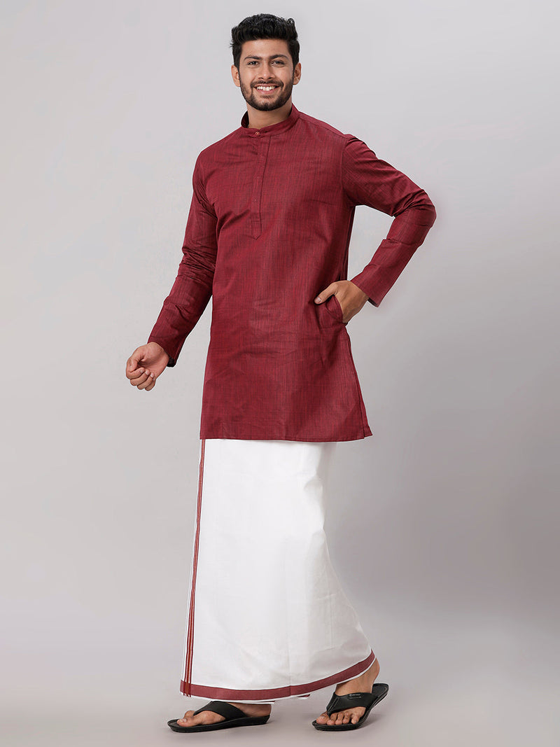 Mens Cotton Maroon Medium Length Matching Kurta with Dhoti Combo FS7