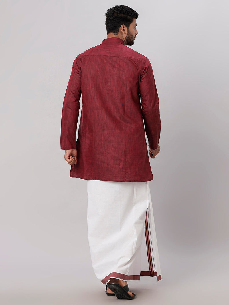Mens Cotton Maroon Medium Length Matching Kurta with Dhoti Combo FS7