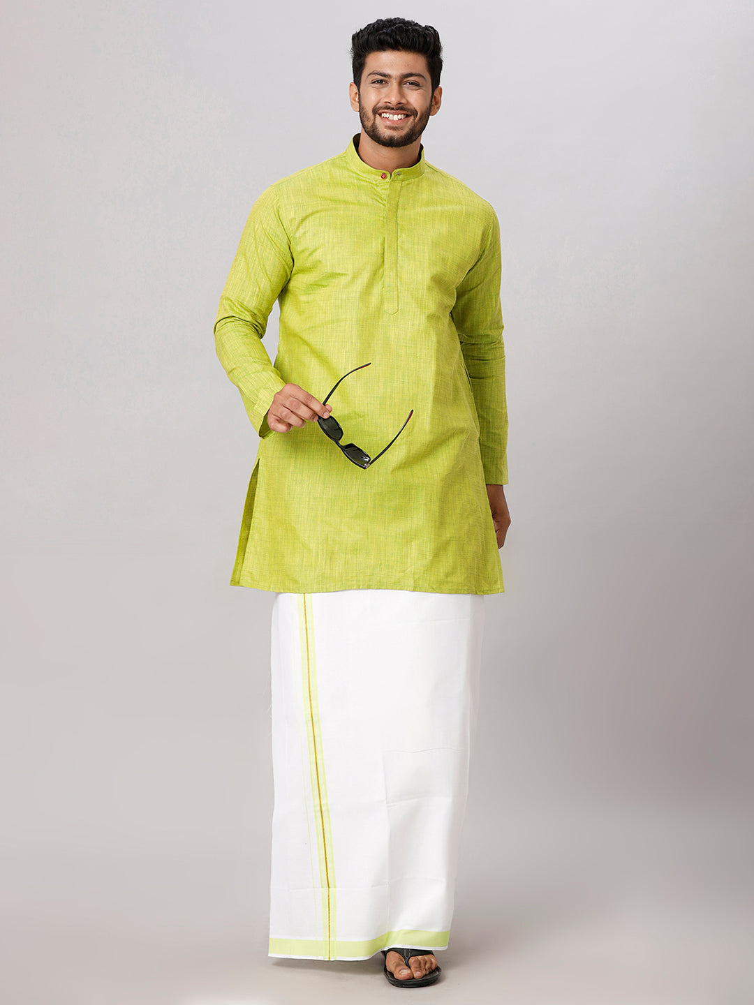Mens Cotton Parrot Green Medium Length Matching Kurta with Dhoti Combo FS2