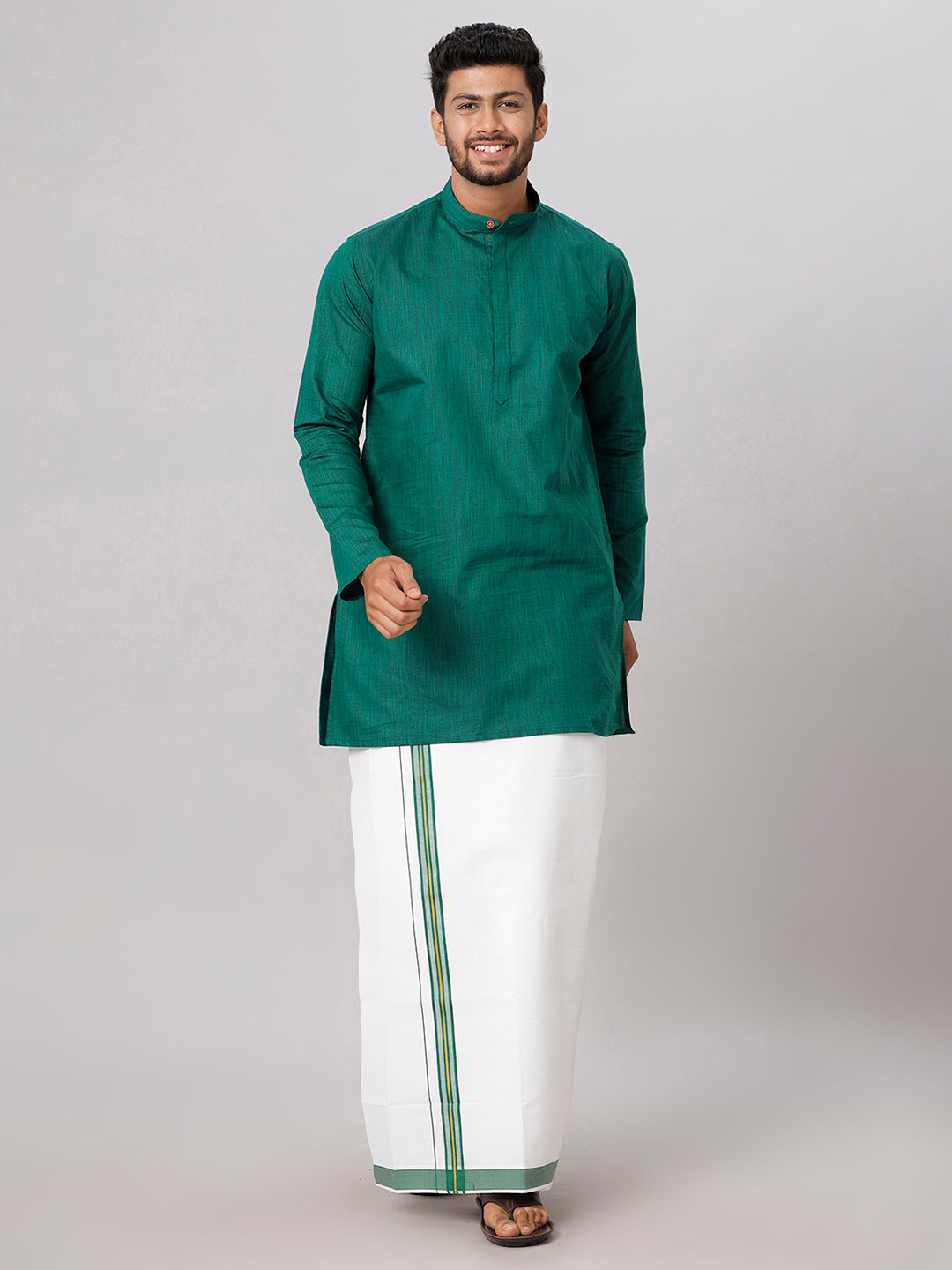 Mens Cotton Dark Green Medium Length Matching Kurta with Dhoti Combo FS5