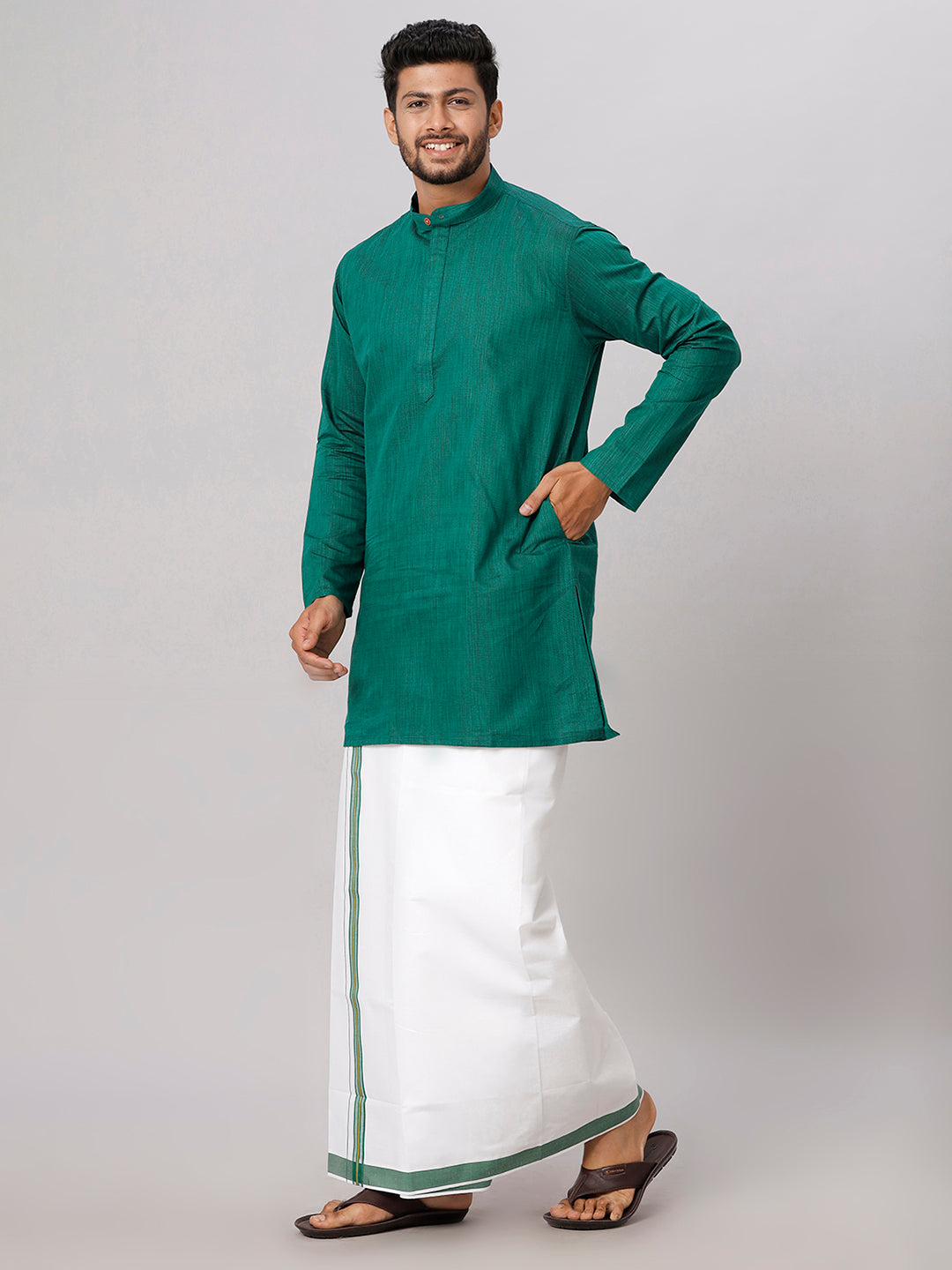 Mens Cotton Dark Green Medium Length Matching Kurta with Dhoti Combo FS5-Side view