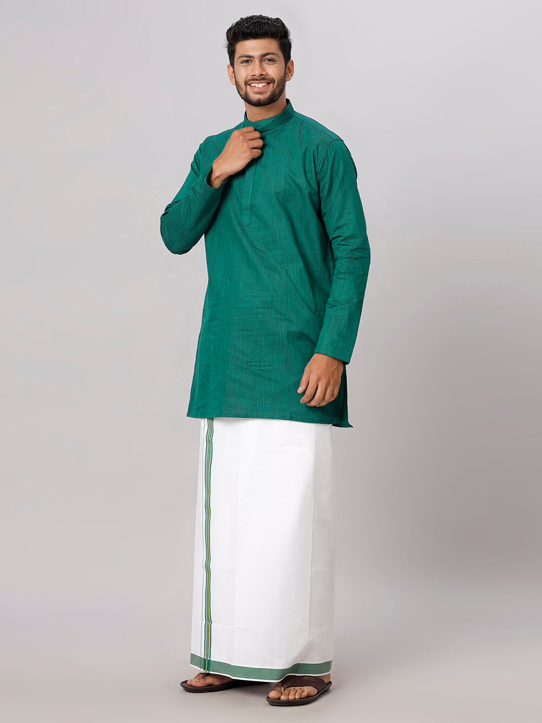 Mens Cotton Dark Green Medium Length Matching Kurta with Dhoti Combo FS5-Front view