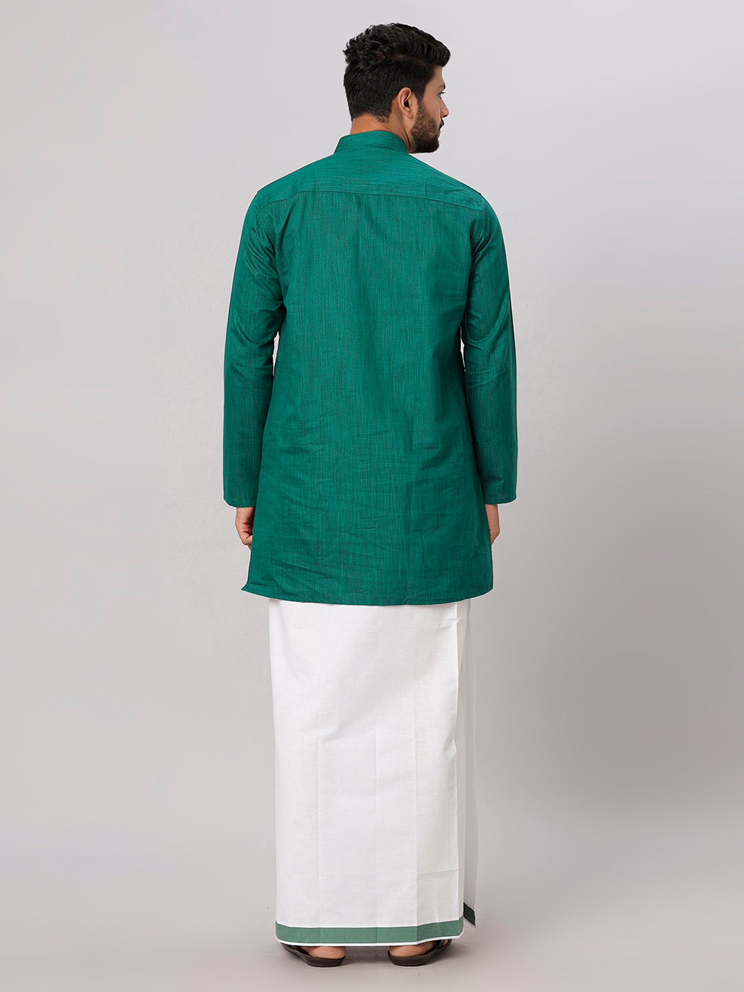 Mens Cotton Dark Green Medium Length Matching Kurta with Dhoti Combo FS5-Back view