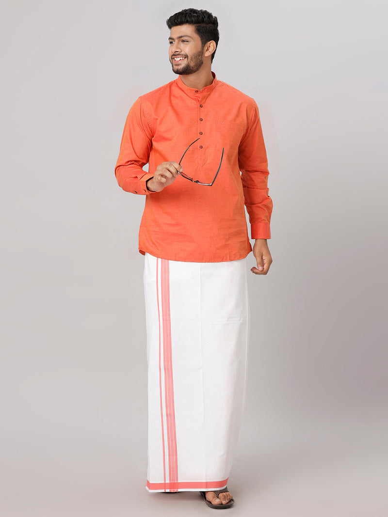 Mens Light Orange Colour Matching Kurta & Dhoti Set KC31 Onam Collection