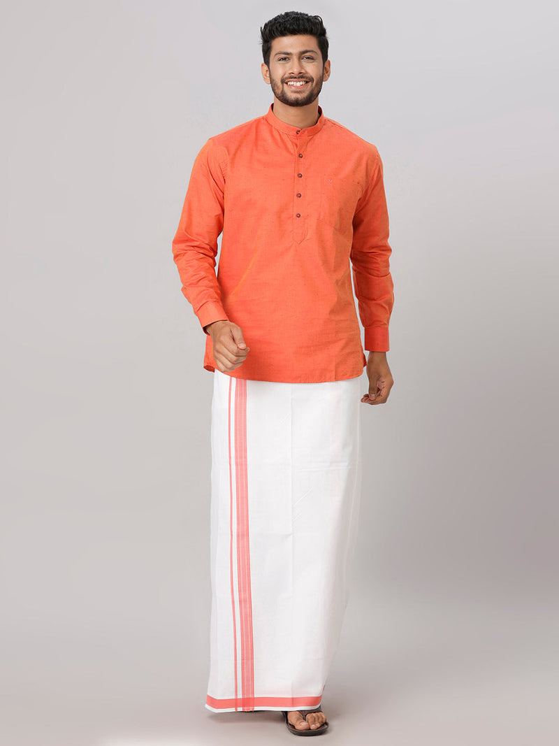 Mens Light Orange Colour Matching Kurta & Dhoti Set KC31 Onam Collection