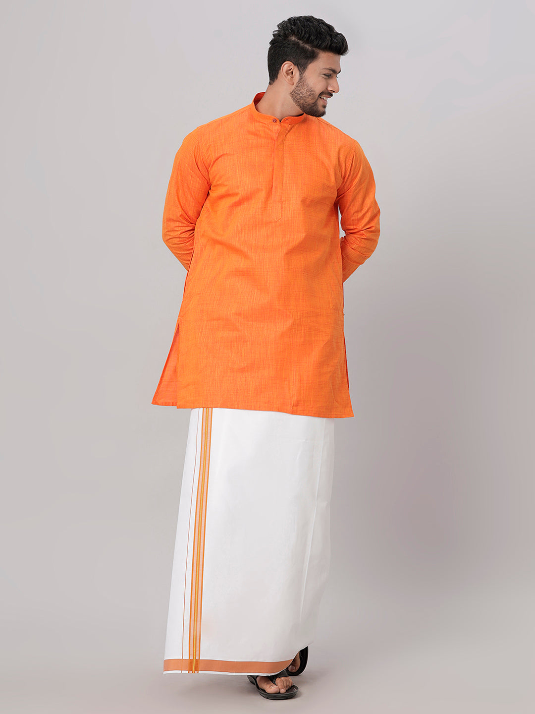 Mens Cotton Orange Medium Length Matching Kurta with Dhoti Combo FS3-Full view 