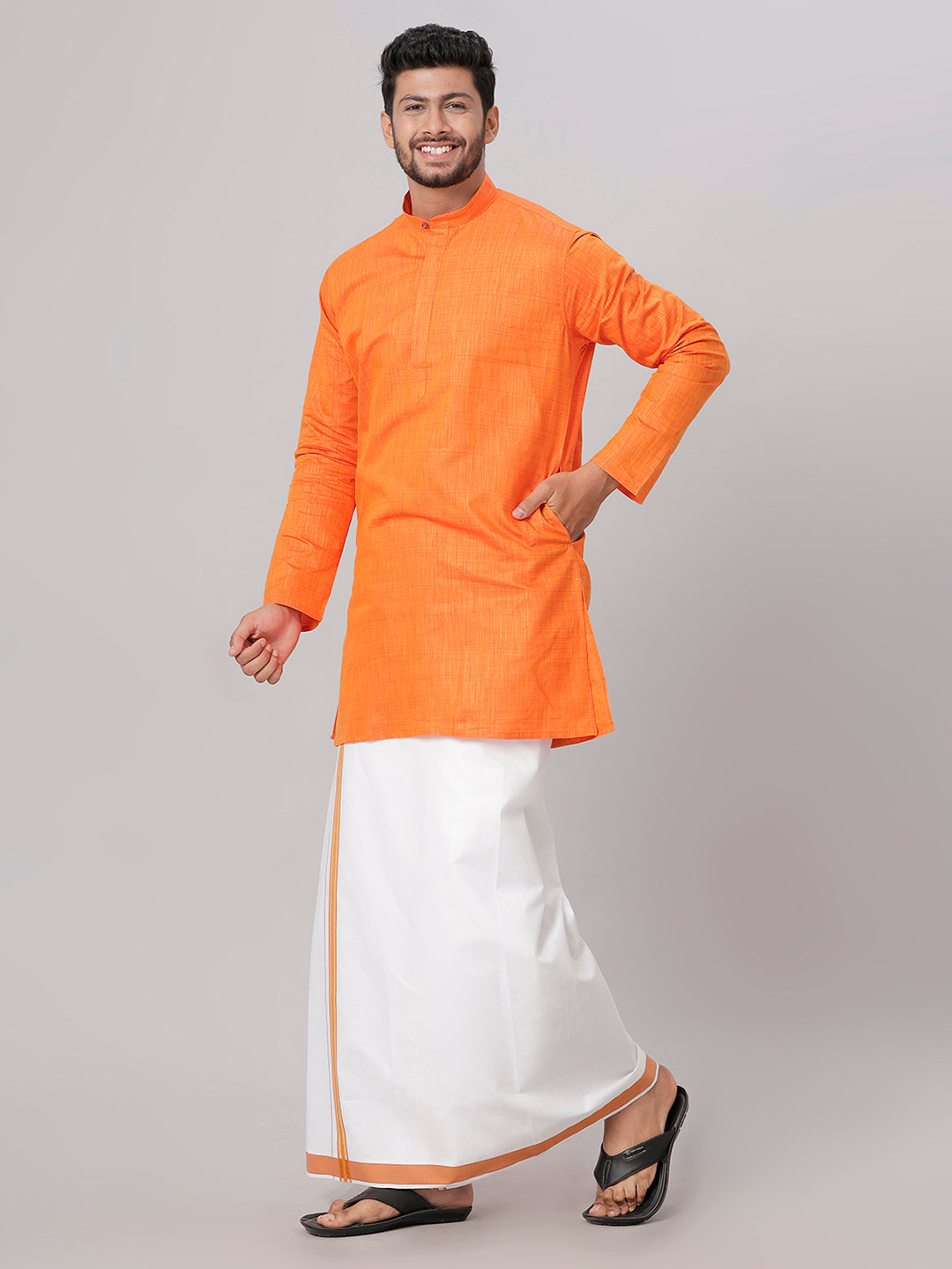 Mens Cotton Orange Medium Length Matching Kurta with Dhoti Combo FS3-Front view