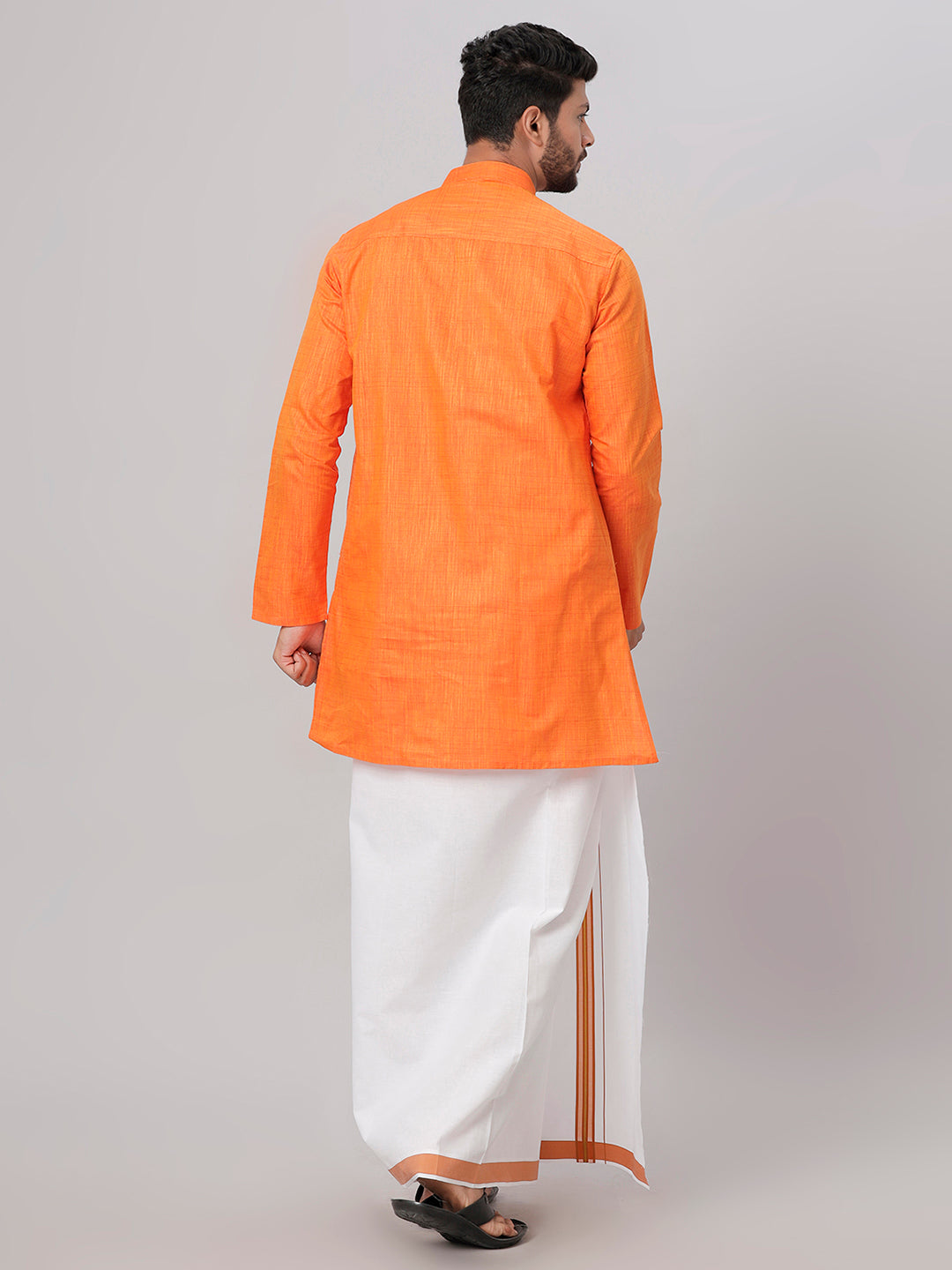 Mens Cotton Orange Medium Length Matching Kurta with Dhoti Combo FS3-Back view