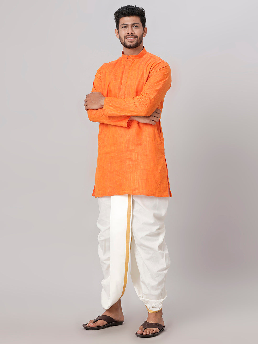 Mens Medium Length Orange Kurta with Cream Panchakacham Combo FS3-Full view