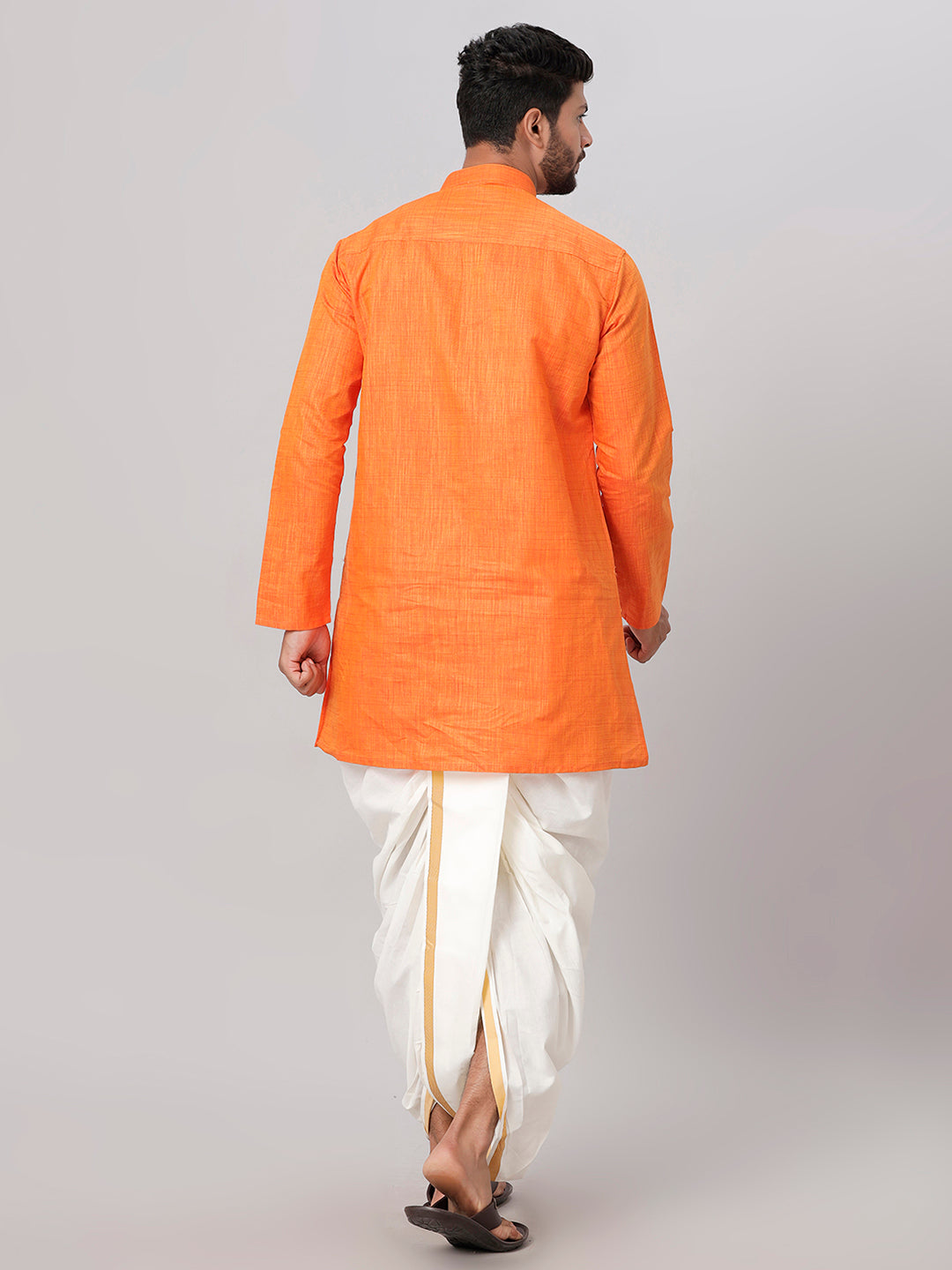 Mens Medium Length Orange Kurta with Cream Panchakacham Combo FS3-Back view