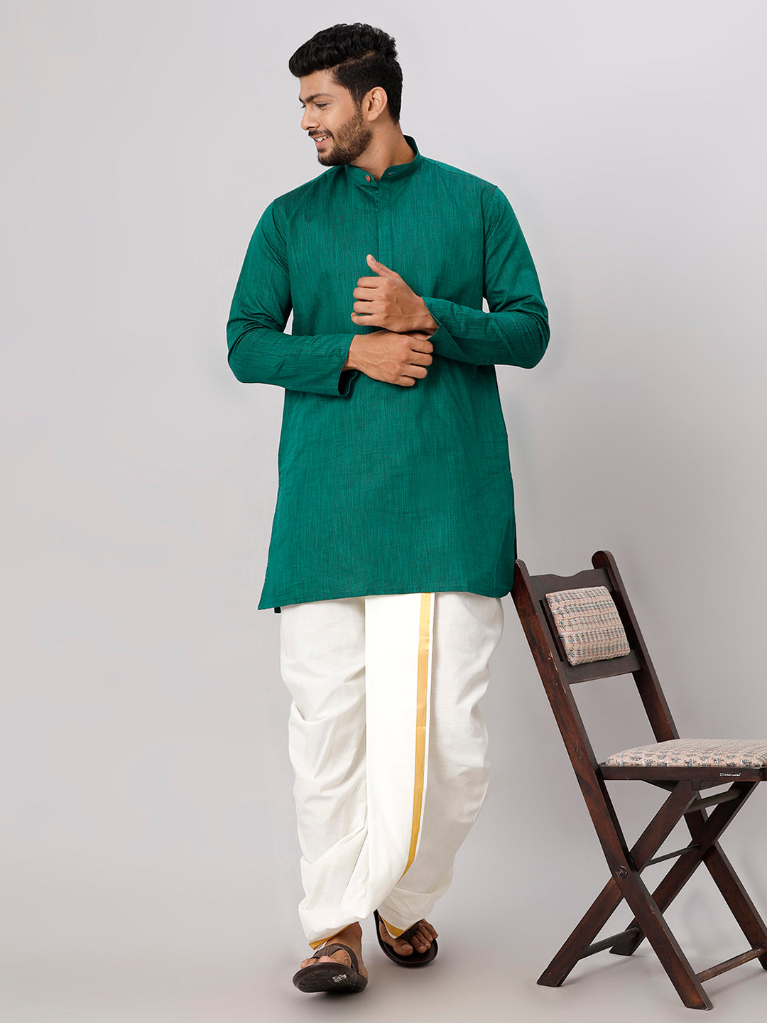 Mens Medium Length Dark Green Kurta with Cream Panchakacham Combo FS5-Full view