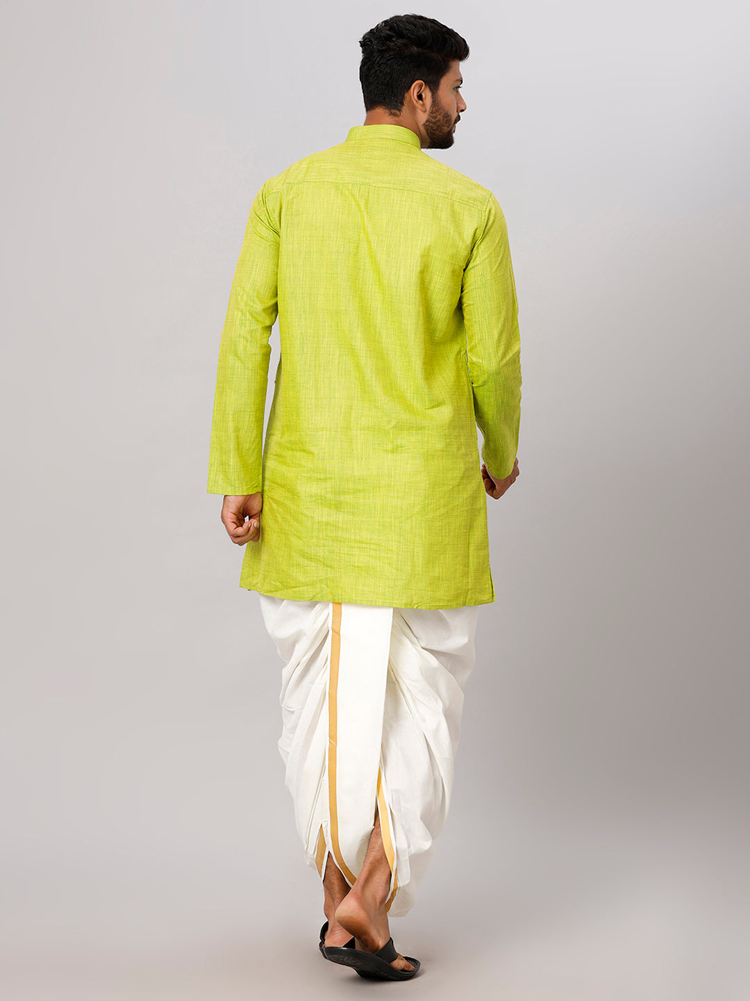 Mens Medium Length Parrot Green Kurta with Cream Panchakacham Combo FS2-Back view